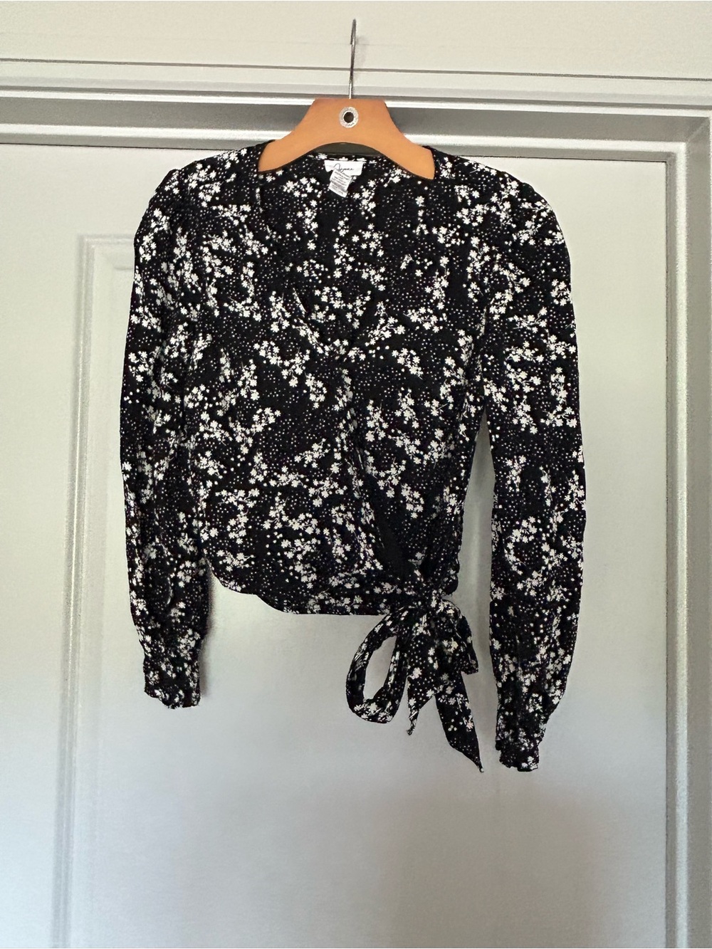 Black & White Floral Wrap Top with Tie